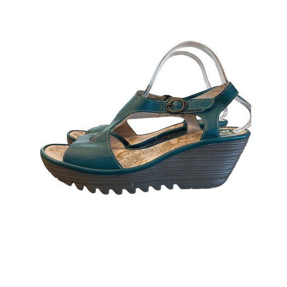 Fly London Yax Slingback Platform Wedge Sandal Green Leather Size‎ 42 / 11 - Picture 4 of 9